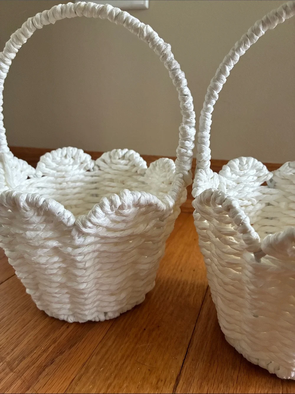 Woven White Decorative Flower Girl Basket with Handle - Set of 2